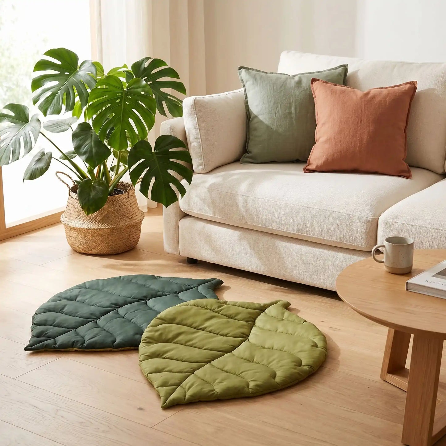 Tapis-pour-chien-chiot-design en forme de feuille, 100% coton réversible et rembourrage coton haute densité, coloris vert foncé et vert clair sur l'autre face, coutures solides et finitions soignées pour un couchage chien décoratif et polyvalent, léger transportable, coussin douillet pour chiot et chien de petite taille de 0 à 10 kilos- gros plan sur le tapis en forme de feuille d'orme réversible vert bicolore (clair et foncé) pour chiot et chien dans le salon de l'appartement 