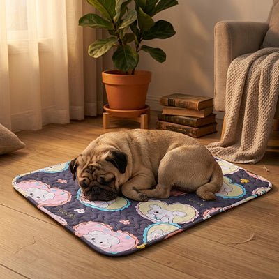 Tapis-pour-chien lavable-100% imperméable, 100 %coton haute densité lavable en machine, polyvalent, solide et résistant aux griffes, rafraichissant pour l'été et confortable en hiver, protège vos sols et vos meubles, disponible en 4 tailles du XS au L pour chiot et chien de petite à moyenne taille de 0 à 25 kg avec motif mignon-un chien de race moyenne qui couché confortablement sur son tapis avec motif dessin animé sur le sol de la chambre de l'appartement