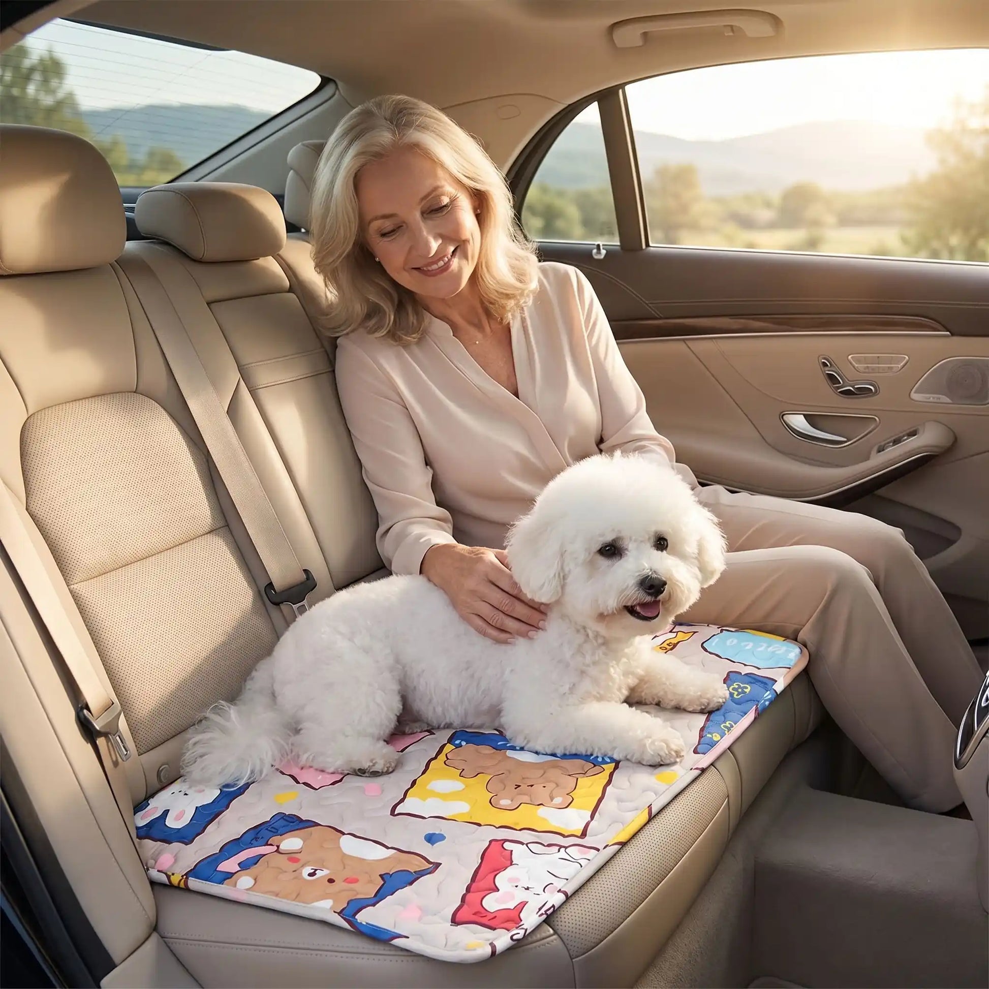 Tapis-pour-chien lavable-100% imperméable, 100 %coton haute densité lavable en machine, polyvalent, solide et résistant aux griffes, rafraichissant pour l'été et confortable en hiver, protège vos sols et vos meubles, disponible en 4 tailles du XS au L pour chiot et chien de petite à moyenne taille de 0 à 25 kg avec motif mignon-un Bichon maltais couché confortablement sur son tapis bleu multicolore à côté de sa maitresse qui le caresse sur les sièges arrières de la voiture 