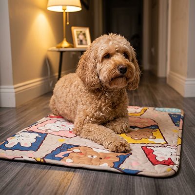 Tapis-pour-chien lavable-100% imperméable, 100 %coton haute densité lavable en machine, polyvalent, solide et résistant aux griffes, rafraichissant pour l'été et confortable en hiver, protège vos sols et vos meubles, disponible en 4 tailles du XS au L pour chiot et chien de petite à moyenne taille de 0 à 25 kg avec motif mignon-un caniche moyen couché confortablement sur son tapis bleu multicolore sur le sol du salon de l'appartement