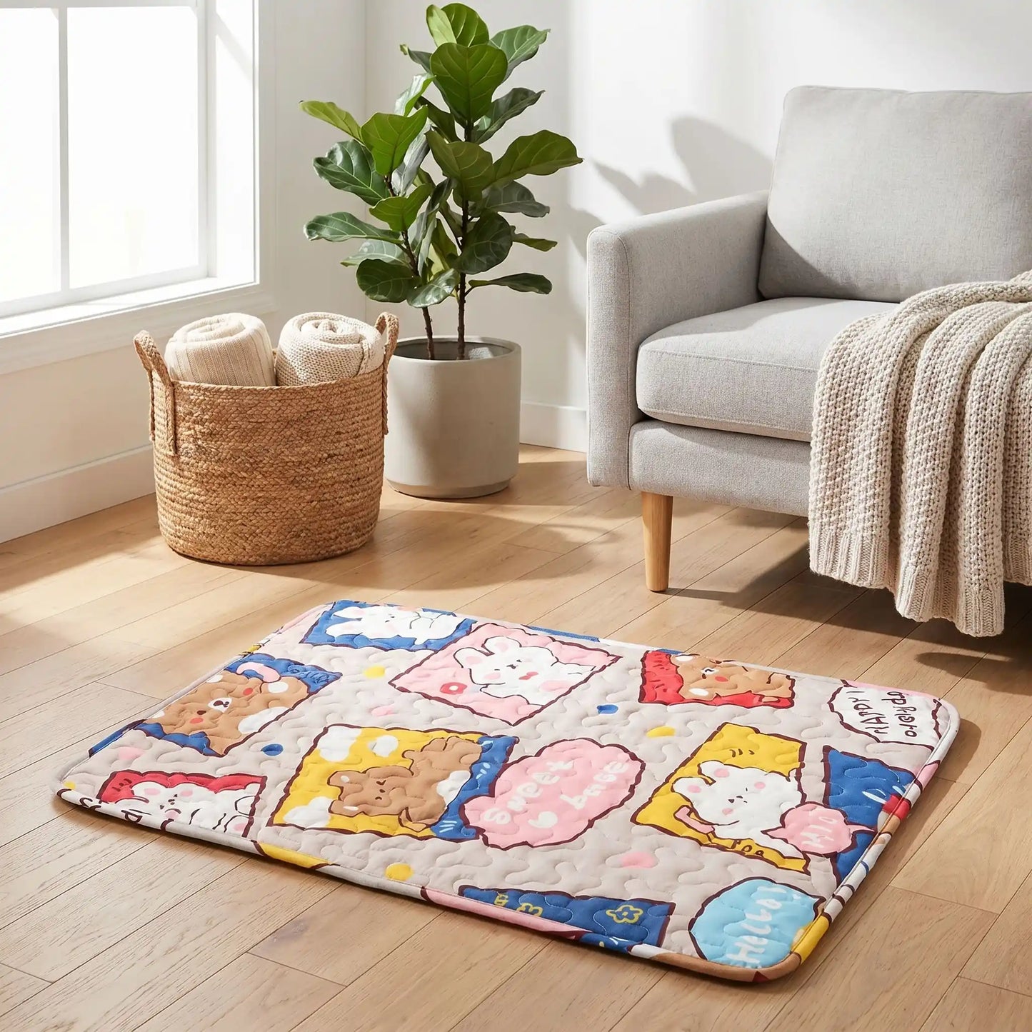 Tapis-pour-chien lavable-100% imperméable, 100 %coton haute densité lavable en machine, polyvalent, solide et résistant aux griffes, rafraichissant pour l'été et confortable en hiver, protège vos sols et vos meubles, disponible en 4 tailles du XS au L pour chiot et chien de petite à moyenne taille de 0 à 25 kg avec motif mignon-gros  plan sur le tapis bleu multicolore disponible en 4 tailles du S au L pour chiot et chien de petite à moyenne taille