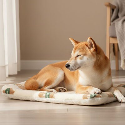Tapis-pour-chien-chiot en flanelle douche, hypoallergénique en coton ergonomique avec rebord surélevé de forme rectangulaire, lavable en machine et durable, resistant aux griffes et morsures légère, chaud et respirant-isolant du sol froid, comme couche supplémentaire pour coussin, lit, panier pour chien-un chien de race moyenne couché confortablement sur son tapis gris avec motif mignon sur le sol du salon de l'appartement