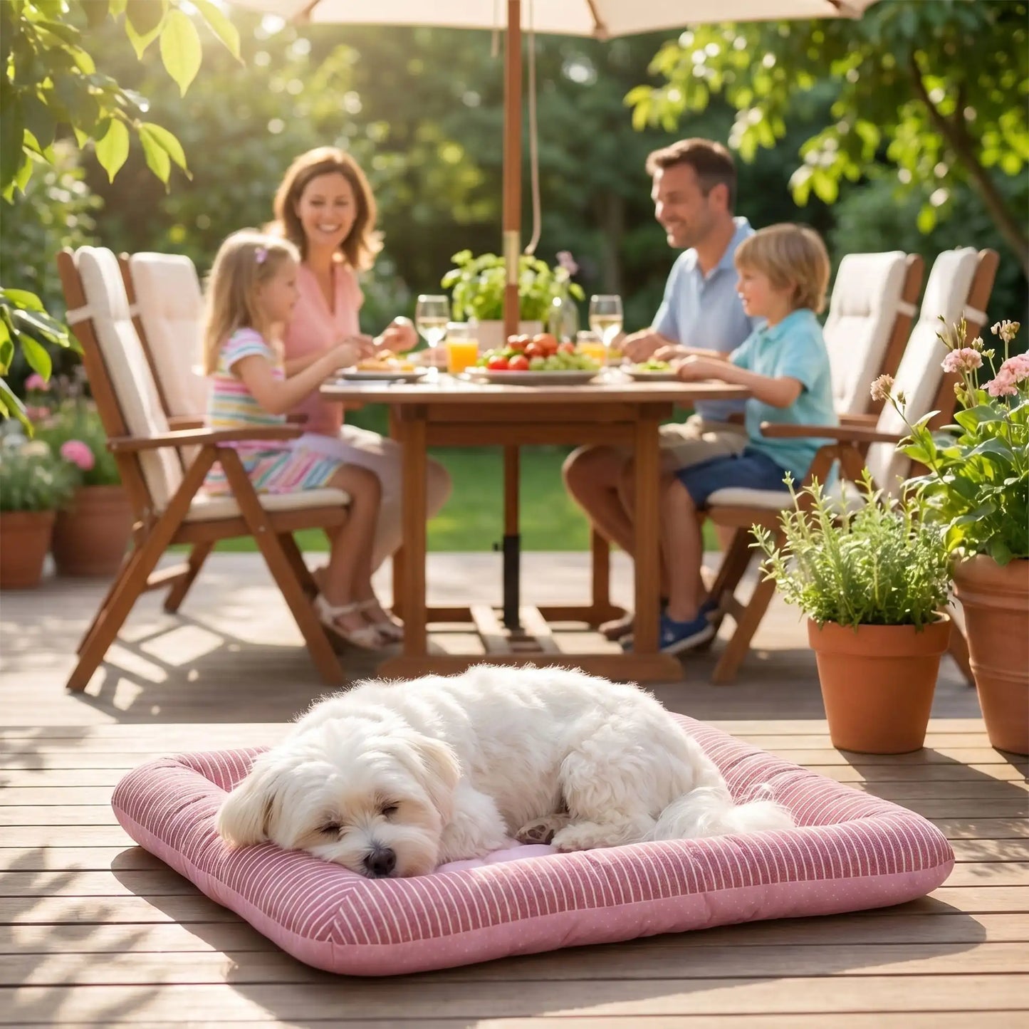Tapis-pour-chien-rafraichissant-coussin-avec-rebord cylindrique rembourré 100% coton haute densité entourant et sécurisant avec matelas épais en coton respirant et surface soie glacée pour un effet rafraichissant instantané sans eau, sans électricité, écoresponsable, 100% imperméable, matériau hypoallergénique et naturel, lavable en machine, disponible en 3 tailles-Un chien de petite taille à poils épais qui dort paisiblement sur son coussin rafraichissant sur la terrasse de la location de vacances en été