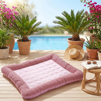 Tapis-pour-chien-rafraichissant-coussin-avec-rebord cylindrique rembourré 100% coton haute densité entourant et sécurisant avec matelas épais en coton respirant et surface soie glacée pour un effet rafraichissant instantané sans eau, sans électricité, écoresponsable, 100% imperméable, matériau hypoallergénique et naturel, lavable en machine-gros plan sur le tapis rafraichissant avec rebord 360° de couleur rose en 3 tailles S, M et L pour chien et chiot de petite à moyenne taille
