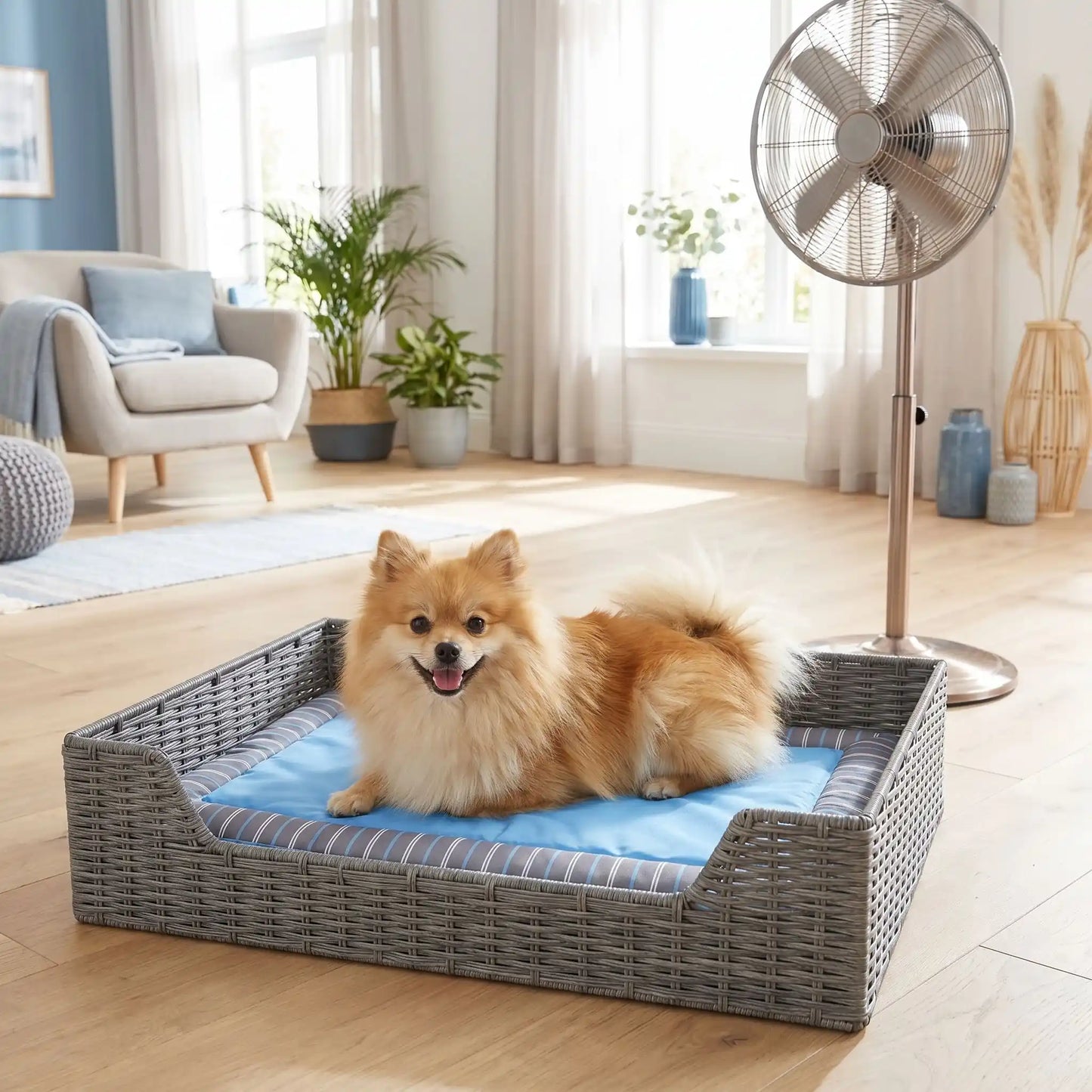 Tapis-pour-chien-rafraichissant-coussin-avec-rebord cylindrique rembourré 100% coton haute densité entourant et sécurisant avec matelas épais en coton respirant et surface soie glacée pour un effet rafraichissant instantané sans eau, sans électricité, écoresponsable, 100% imperméable, matériau hypoallergénique et naturel, lavable en machine-un petit chien couché confortablement sur son coussin rafraichissant dans son panier rectangulaire en osier dans le salon de l'appartement en été