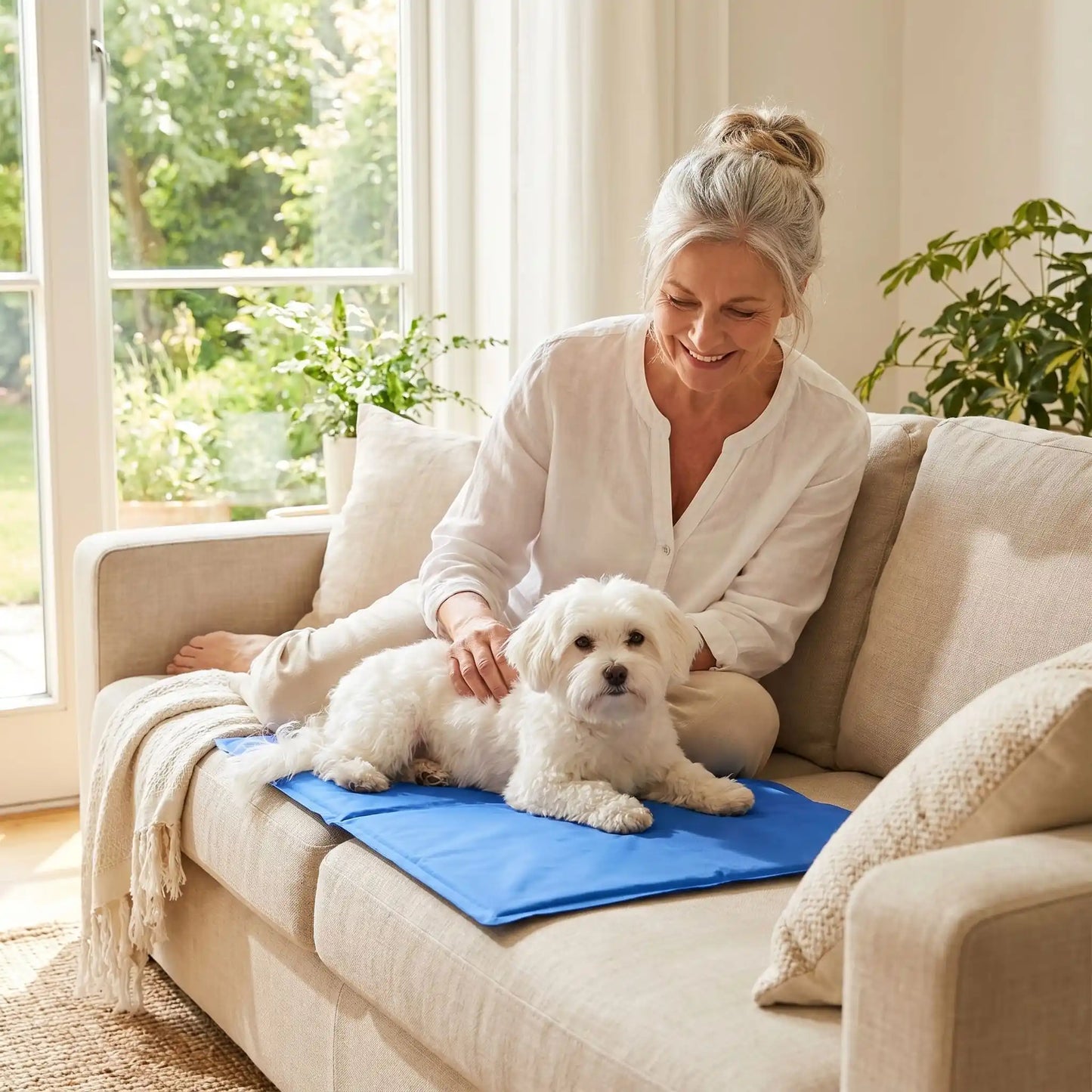 Tapis-pour-chien-rafraichissant-gel-garanti sans produits toxiques et sans danger, de couleur bleu, avec eponge ergonomique intérieur, gel composé de 98% d'eau, tissu extérieur résistant aux griffes et confortable pour la peau en nylon, pliable et transportable-utilisable comme couchage au sol, panier, voiture, niche, lit pour chiot et chien-4-tailles disponible en XS, S, M et L- un Coton de tuléar couché confortablement sur son tapis frais sur le canapé à côté de sa maitresse qui le caresse tendrement