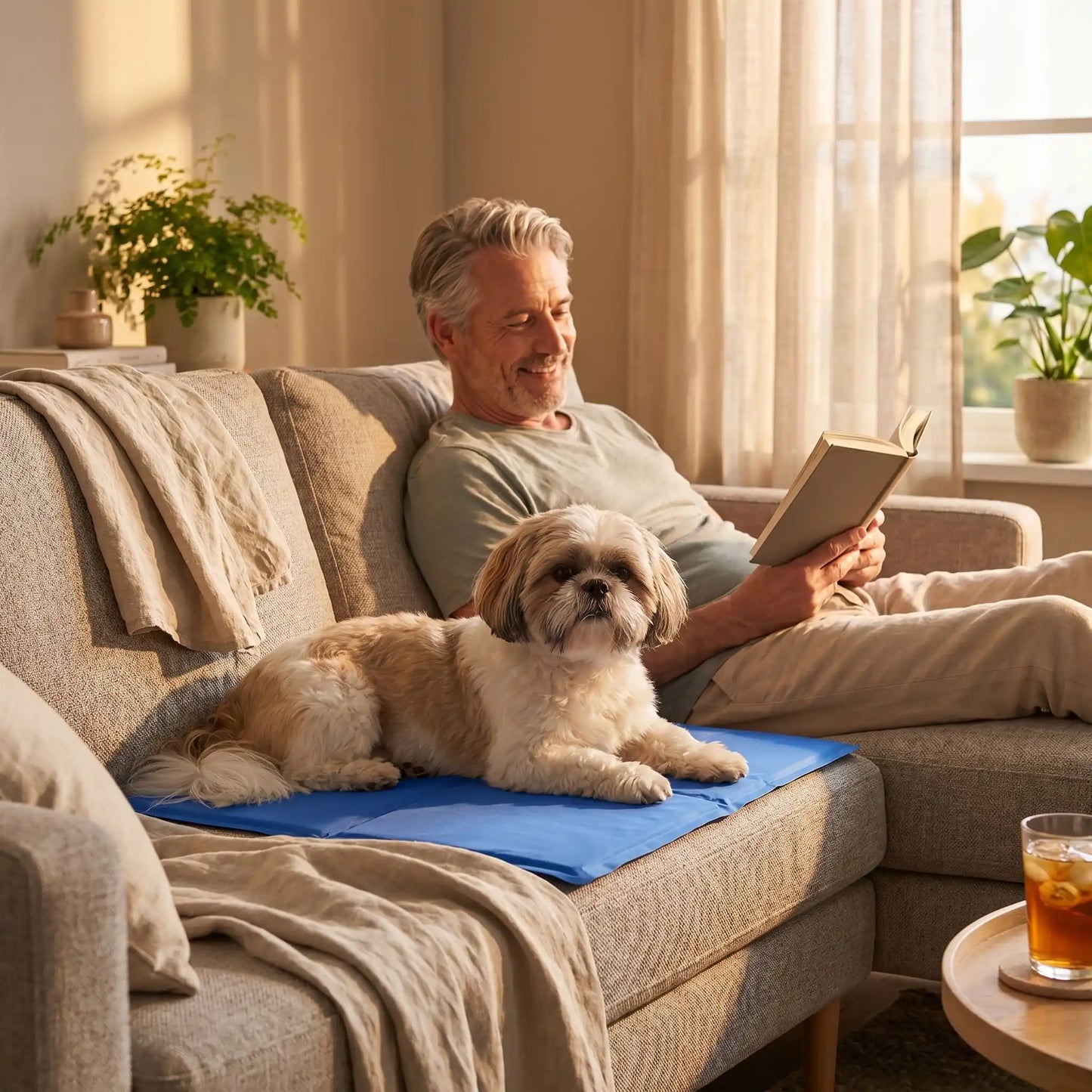 Tapis-pour-chien-rafraichissant-gel-garanti sans produits toxiques et sans danger, de couleur bleu, avec eponge ergonomique intérieur, gel composé de 98% d'eau, tissu extérieur résistant aux griffes et confortable pour la peau en nylon, pliable et transportable-utilisable comme couchage au sol, panier, voiture, niche, lit pour chiot et chien-4-tailles disponible en XS, S, M et L- un Shih Tzu couché sur son tapis rafraichissant sur le canapé à côté de son maitre assis à côté de lui dans le salon en été