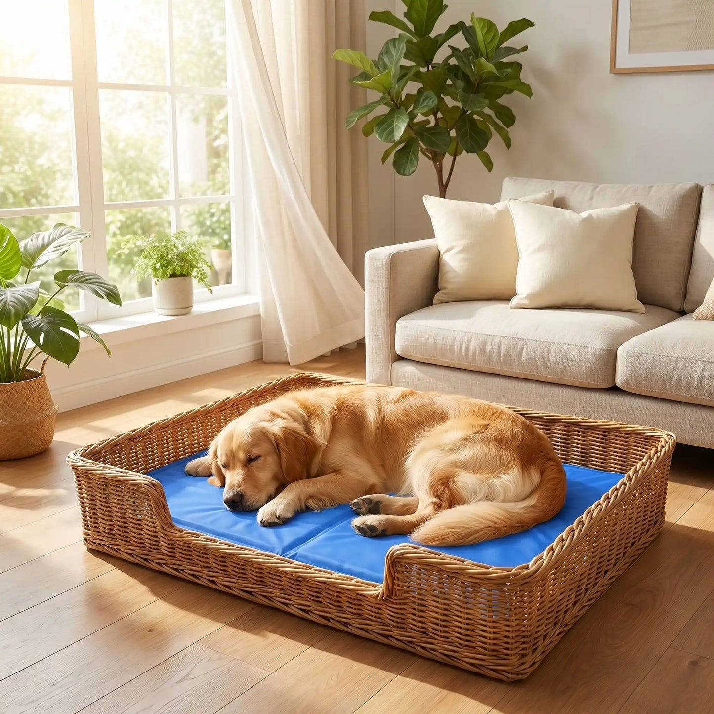Tapis-pour-chien-rafraichissant-gel-garanti sans produits toxiques et sans danger, de couleur bleu, avec eponge ergonomique intérieur, gel composé de 98% d'eau, tissu extérieur résistant aux griffes et confortable pour la peau en nylon, pliable et transportable-utilisable comme couchage au sol, panier, voiture, niche, lit pour chiot et chien-4-tailles disponible en XS, S, M et L- un grand chien qui dort paisiblement sur son tapis rafraichissant dans son panier en osier dans le salon de la maison en été