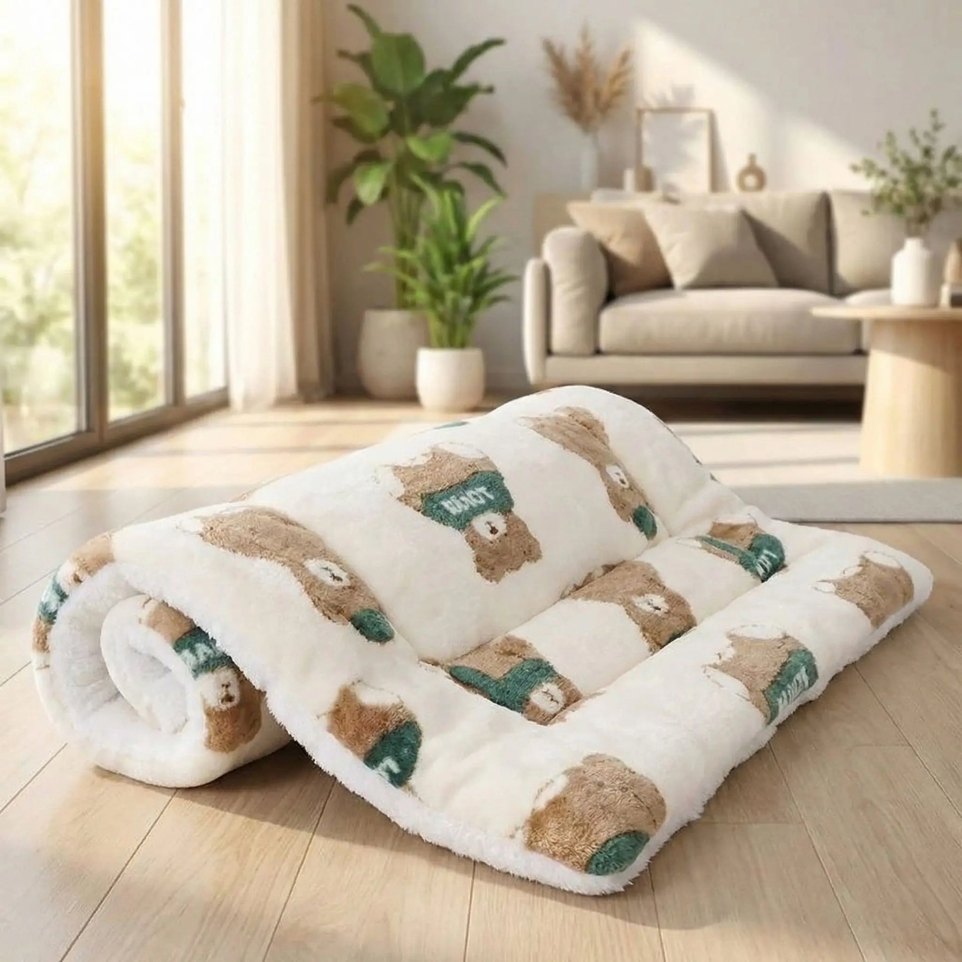 Tapis-pour-chiens-chiot en flanelle douche, hypoallergénique en coton ergonomique avec rebord surélevé de forme rectangulaire, lavable en machine et durable, resistant aux griffes et morsures légère, chaud et respirant-isolant du sol froid, comme couche supplémentaire pour coussin, lit, panier pour chien-de couleur crème avec ourson marron et vert