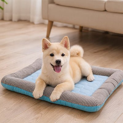 Tapis-rafraichissant-chien-chiot-coton-avec rebord-antidérapant-lavable machine-efficace dès la première utilisation-sans réfrigérateur-un chiot couché confortablement sur son tapis frais sur le sol du salon en pleine chaleur  