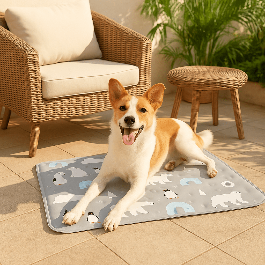 Tapis-rafraichissant-chien-chiot-gel-imperméable-lavable-polyvalent-pour-sol-lit-panier-cage-caisse-de-transport-voiture-voyage-réutilisable-résistant-au-griffes-compatible avec réfrigérateur ou frigo-sans produits toxique-confort thermique pour le bien-être et la santé des chiens-un chien moyen couché et détendu malgré les températures chaudes sur son tapis rafraichissant au design mignon polaire de couleur gris dans le jardin de l'appartement