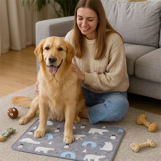 Tapis-rafraichissant-chien-chiot-gel-imperméable-lavable-polyvalent-pour-sol-lit-panier-cage-caisse-de-transport-voiture-voyage-réutilisable-résistant-au-griffes-compatible avec réfrigérateur ou frigo-sans produits toxique-confort thermique pour le bien-être et la santé des chiens-un labrador assis et détendu malgré les températures chaudes sur son tapis rafraichissant au design mignon polaire de couleur gris avec son maitre qui le caresse sur le sol du salon de la maison