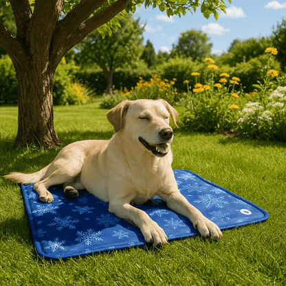 Tapis-rafraichissant-chien-chiot-gel-avec eau-imperméable-lavable-polyvalent-pour-sol-lit-panier-cage-caisse-de-transport-voiture-voyage-réutilisable-résistant-au-griffes-compatible avec réfrigérateur ou frigo-sans produits toxique-confort thermique pour le bien-être et la santé des chiens-un labrador couché et détendu malgré les températures chaudes sur son tapis rafraichissant au design mignon polaire de couleur bleu dans le parc sur l'herbe en été