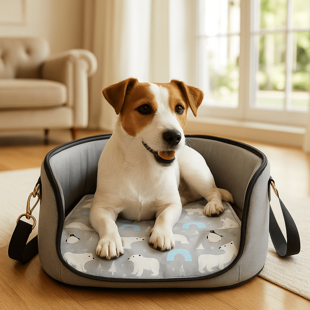 Tapis-rafraichissant-chien-chiot-gel-imperméable-lavable-polyvalent-pour-sol-lit-panier-cage-caisse-de-transport-voiture-voyage-réutilisable-résistant-au-griffes-compatible avec réfrigérateur ou frigo-sans produits toxique-confort thermique pour le bien-être et la santé des chiens-un petit chien couché et détendu malgré les températures chaudes sur son tapis rafraichissant au design mignon polaire de couleur gris placé dans son sac de transport en été