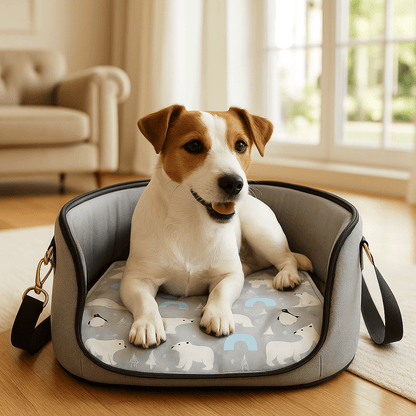 Tapis-rafraichissant-chien-chiot-gel-imperméable-lavable-polyvalent-pour-sol-lit-panier-cage-caisse-de-transport-voiture-voyage-réutilisable-résistant-au-griffes-compatible avec réfrigérateur ou frigo-sans produits toxique-confort thermique pour le bien-être et la santé des chiens-un petit chien couché et détendu malgré les températures chaudes sur son tapis rafraichissant au design mignon polaire de couleur gris placé dans son sac de transport en été