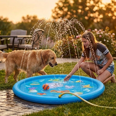 Tapis rafraichissant chien jet d'eau-chiot-piscine, tapis d'eau rafraichissant avec jets d'eau de couleur bleue,avec design animaux aquatique, PVC résistant antidérapant raccordable à un tuyau d'arrosage avec adaptateur universel, pas d'outil ni de gonflage, installation immédiate, en 2 tailles de diamètre de 100 et 170 cm pour chien et chiot de petite à grande taille-un grand chien et une fille qui se rafraichissent en jouant dans la pataugeoire bleu avec jet sur la terasse de la maison en été