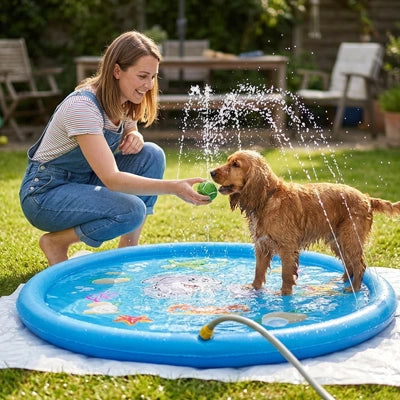 Tapis rafraichissant chien jet d'eau-chiot-piscine, tapis d'eau rafraichissant avec jets d'eau de couleur bleue,avec design animaux aquatique, PVC résistant antidérapant raccordable à un tuyau d'arrosage avec adaptateur universel, pas d'outil ni de gonflage, installation immédiate, en 2 tailles de diamètre de 100 et 170 cm pour chien et chiot de petite à grande taille-un chien de taille moyenne qui se rafraichit en jouant avec sa maitresse dans la pataugeoire bleue avec jet dans le jardin en été