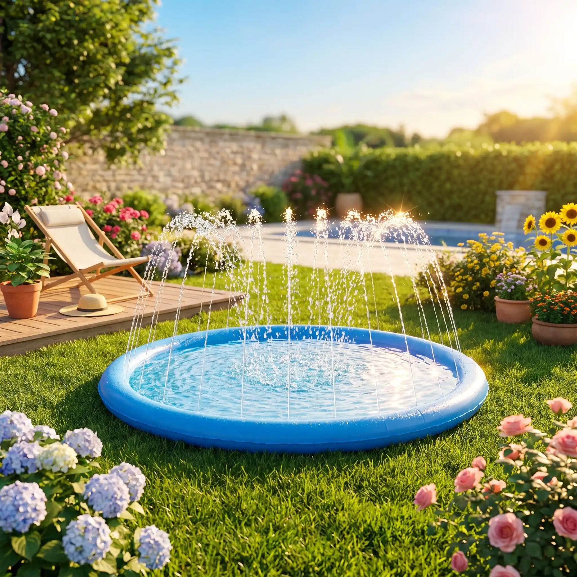 Tapis rafraichissant chien jet d'eau-chiot-piscine, tapis d'eau rafraichissant avec jets d'eau de couleur bleue,avec design animaux aquatique, PVC résistant antidérapant raccordable à un tuyau d'arrosage avec adaptateur universel, pas d'outil ni de gonflage, installation immédiate, en 2 tailles de diamètre de 100 et 170 cm pour chien et chiot de petite à grande taille-gros plan sur le tapis d'eau avec dessins animés mignons d'animaux avec jet sur la terasse en été