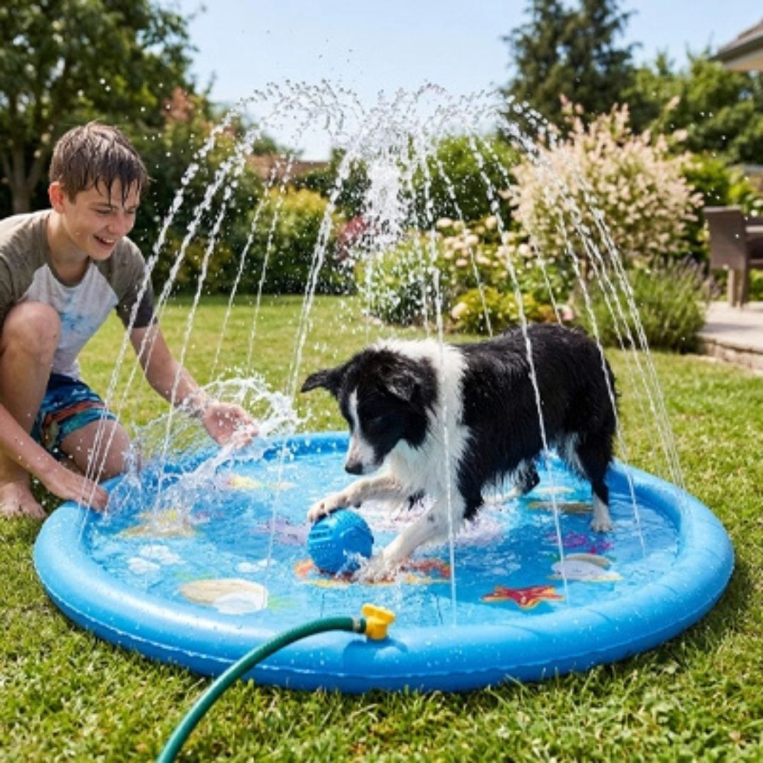 Tapis rafraichissant chien jet d'eau-chiot-piscine, tapis d'eau rafraichissant avec jets d'eau de couleur bleue,avec design animaux aquatique, PVC résistant antidérapant raccordable à un tuyau d'arrosage avec adaptateur universel, pas d'outil ni de gonflage, installation immédiate, en 2 tailles de diamètre de 100 et 170 cm pour chien et chiot de petite à grande taille-un chien de race moyenne  qui se rafraichit en jouant dans la pataugeoire bleu avec un adolescent dans le jardin en été