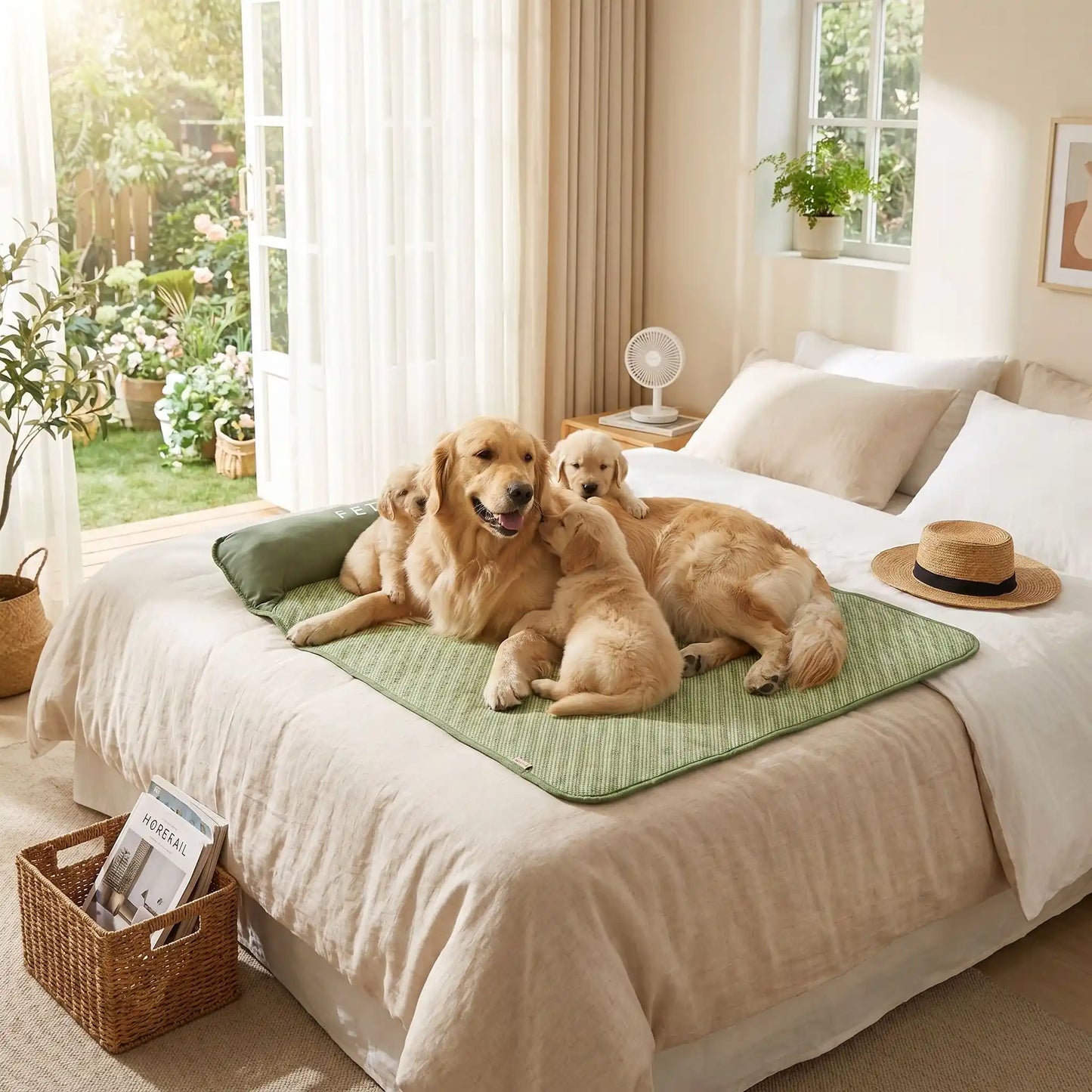 Tapis-rafraichissant-chien, antidérapant, imperméable, résistant aux griffes, lavable à l'eau avec traversin intégré , matelas et coussin rembourré 100% coton haute densité ergonomique pour le cou, sécurisant pour toutes les races de chien et chiot-une grande chienne avec ses chiots confortablement couché sur le tapis rafraichissant de taille xxl sur le lit de ses maitres dans la chambre de la maison en été
