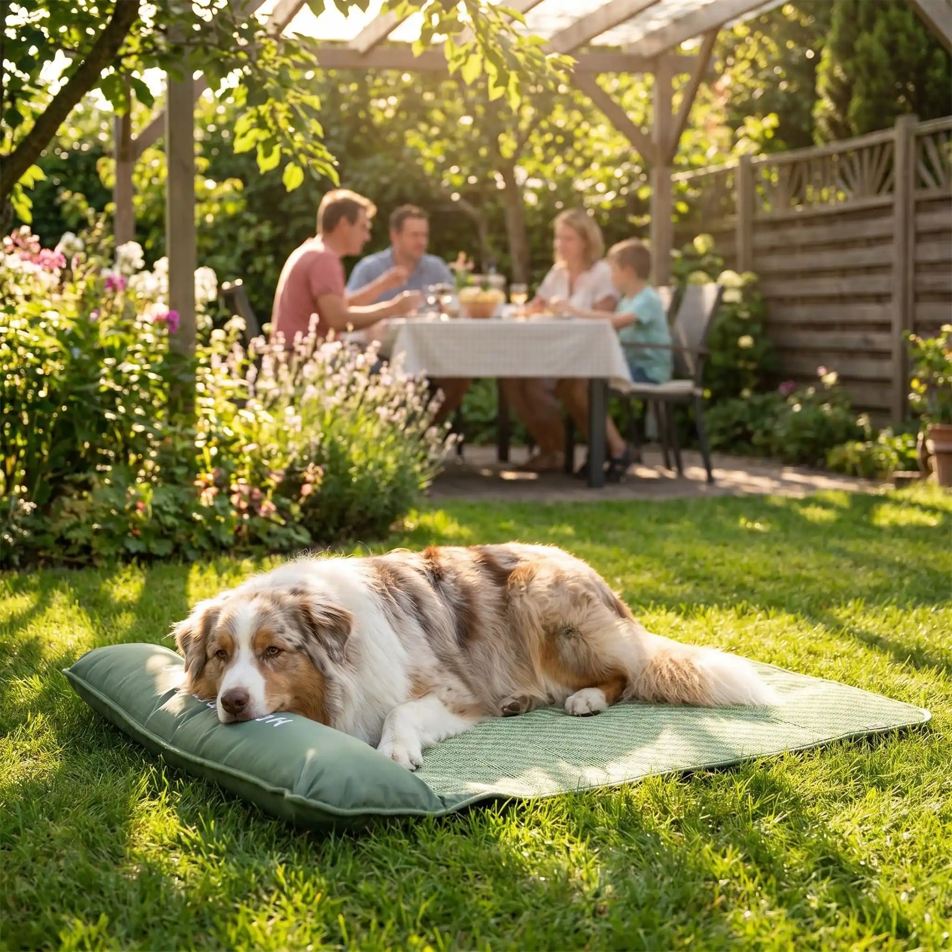 Tapis-rafraichissant-chien, antidérapant, imperméable, résistant aux griffes, lavable à l'eau avec traversin intégré , matelas et coussin rembourré 100% coton haute densité ergonomique pour le cou, sécurisant pour toutes les races de chien et chiot-un chien à poils long et épais couché confortablement sur le tapis xl rafraichissant , reposant sa tête sur l'oreiller intégré dans le jardin de la location de vacances à l'ombre à côté de sa famille humaine qui déjeunent dehors en été