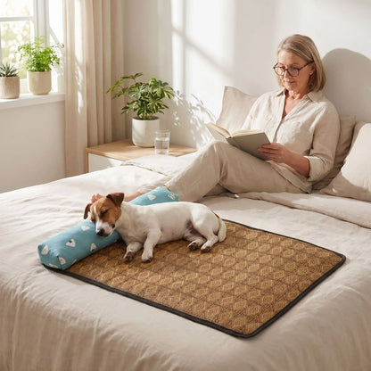 Tapis-rafraichissant-chien-petit-antidérapant, imperméable, résistant aux griffes, lavable avec traversin intégré , matelas et coussin rembourré 100% coton haute densité ergonomique pour le cou, sécurisant pour les petites races de chien et chiots de 0 à 9 kilos maximum-un petit chien qui dort paisiblement couché sur le flanc , sa tête reposant sur l'oreiller cylindrique en lin sur le tapis rafraichissant sur le lit de sa maitresse qui lit allongée à côté qui lit son livre dans la chambre en saison chaude