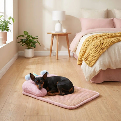 Tapis-rafraichissant-chien-petit-antidérapant, imperméable, résistant aux griffes, déhoussable et lavable avec traversin, antidérapant, matelas et coussin en U rembourré 100% coton haute densité ergonomique pour le cou, sécurisant pour les petites races de chien et chiots de 0 à 7 kilos maximum-un chien de race toy qui dort paisiblement niché avec sa tête reposant sur le coussin en forme de U rembourré et épais de couleur rose ;couché sur le tapis rafraichissant en coton et rotin sur le sol de la chambre 