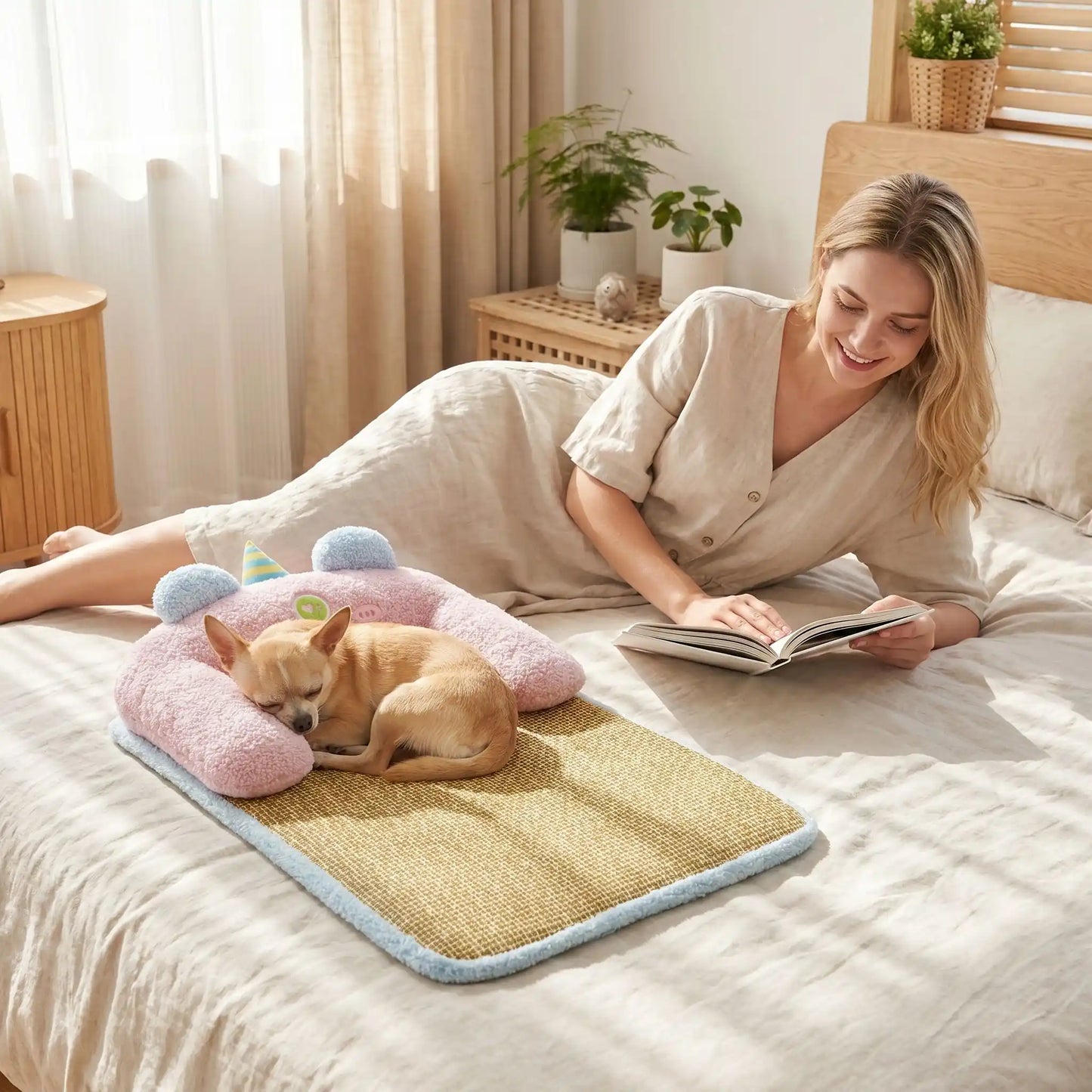 Tapis-rafraichissant-chien-petit-antidérapant, imperméable, résistant aux griffes, déhoussable et lavable avec traversin, antidérapant, matelas et coussin en U rembourré 100% coton haute densité ergonomique pour le cou, sécurisant pour les petites races de chien et chiots de 0 à 7 kilos maximum-un chien nain qui dort paisiblement en boule contre le coussin en forme de U rembourré et épais sur le tapis rafraichissant à côté de sa maitresse allongée qui lit, tout deux sur le lit de chambre en été