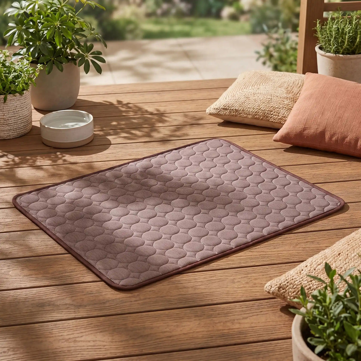 Tapis-rafraichissant-pour-chien-chiot-fresh, sans électricité, sans gel, rafraichissement immédiat au contact, sans danger en soie glacée et coton, léger, lavable en machine, réutilisable en 3 tailles M/L/XL de 70/100/150 cm de longueur pour chiot et chien de petite, moyenne et grande taille et en 3 couleurs : rose, bleu et marron-gros plan sur le tapis rafraichissant pour chiot et chien de couleur marron de taille L sur la terrasse de la maison en été