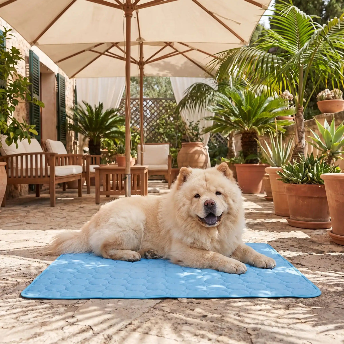 Tapis-rafraichissant-pour-chien-chiot-fresh, sans électricité, sans gel, rafraichissement immédiat au contact, sans danger en soie glacée et coton, léger, lavable en machine, réutilisable en 3 tailles M/L/XL de 70/100/150 cm de longueur pour chiot et chien de petite, moyenne et grande taille et en 3 couleurs : rose, bleu et marron-un chien de moyenne taille à poils longs, drus et épais qui se rafaichit instantanément sur le tapis rafraichissant de couleur bleu sur le sol de la terrasse en été