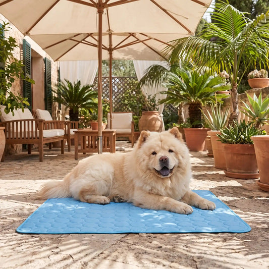 Tapis-rafraichissant-pour-chien-chiot-fresh, sans électricité, sans gel, rafraichissement immédiat au contact, sans danger en soie glacée et coton, léger, lavable en machine, réutilisable en 3 tailles M/L/XL de 70/100/150 cm de longueur pour chiot et chien de petite, moyenne et grande taille et en 3 couleurs : rose, bleu et marron-un chien de moyenne taille à poils longs, drus et épais qui se rafaichit instantanément sur le tapis rafraichissant de couleur bleu sur le sol de la terrasse en été
