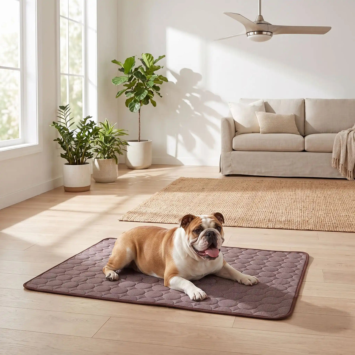 Tapis-rafraichissant-pour-chien-chiot-fresh, sans électricité, sans gel, rafraichissement immédiat au contact, sans danger en soie glacée et coton, léger, lavable en machine, réutilisable en 3 tailles M/L/XL de 70/100/150 cm de longueur pour chiot et chien de petite, moyenne et grande taille et en 3 couleurs : rose, bleu et marron-un chien de moyenne taille qui se rafaichit instantanément sur le tapis rafraichissant de couleur marron sur le sol en parquet du salon de la maison
