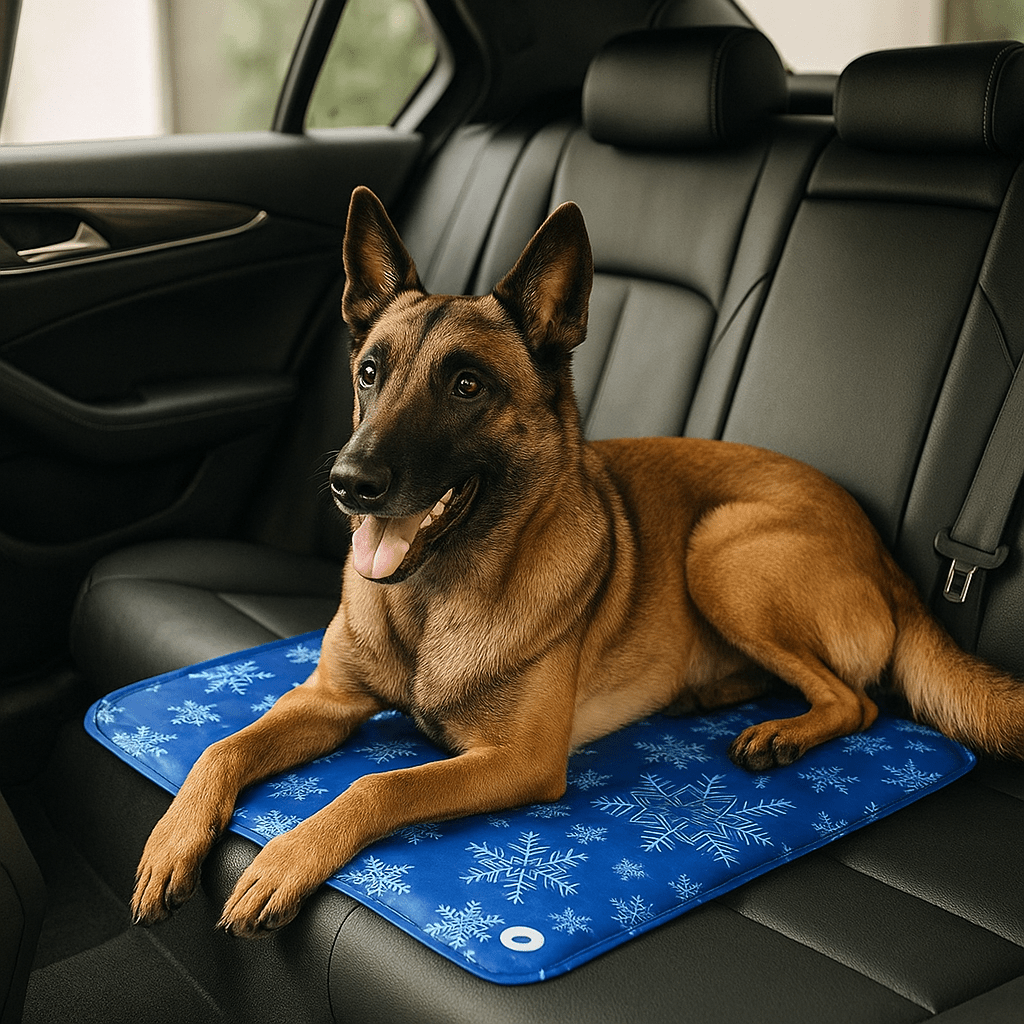Tapis-rafraichissant-chien-chiot-gel-imperméable-lavable-polyvalent-pour-sol-lit-panier-cage-caisse-de-transport-voiture-voyage-réutilisable-résistant-au-griffes-compatible avec réfrigérateur ou frigo-sans produits toxique-confort thermique pour le bien-être et la santé des chiens-un grand chien couché et détendu malgré les températures chaudes sur son tapis rafraichissant au design mignon polaire de couleur bleu sur les sièges arrière de la voiture en été