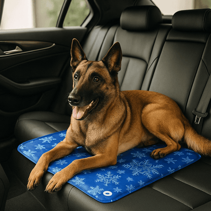 Tapis-rafraichissant-chien-chiot-gel-imperméable-lavable-polyvalent-pour-sol-lit-panier-cage-caisse-de-transport-voiture-voyage-réutilisable-résistant-au-griffes-compatible avec réfrigérateur ou frigo-sans produits toxique-confort thermique pour le bien-être et la santé des chiens-un grand chien couché et détendu malgré les températures chaudes sur son tapis rafraichissant au design mignon polaire de couleur bleu sur les sièges arrière de la voiture en été