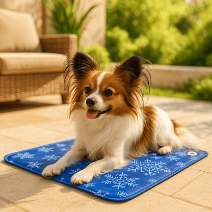 Tapis-rafraichissant-chien-chiot-gel-imperméable-lavable-polyvalent-pour-sol-lit-panier-cage-caisse-de-transport-voiture-voyage-réutilisable-résistant-au-griffes-compatible avec réfrigérateur ou frigo-sans produits toxique-confort thermique pour le bien-être et la santé des chiens-un chien à poils long couché et détendu malgré les températures chaudes sur son tapis rafraichissant au design mignon polaire de couleur bleu sur la terrasse du jardin de la maison en été
