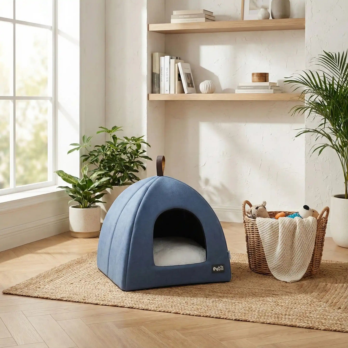 Tente-pour-chien-pliable avec poignée de transport, résistante compacte et légère, niche pour petits chien de race miniature ou toy de 0 à 3 kilos avec un coussin amovible et lavable en machine à laver, antidérapant et imperméable de couleur bleu 