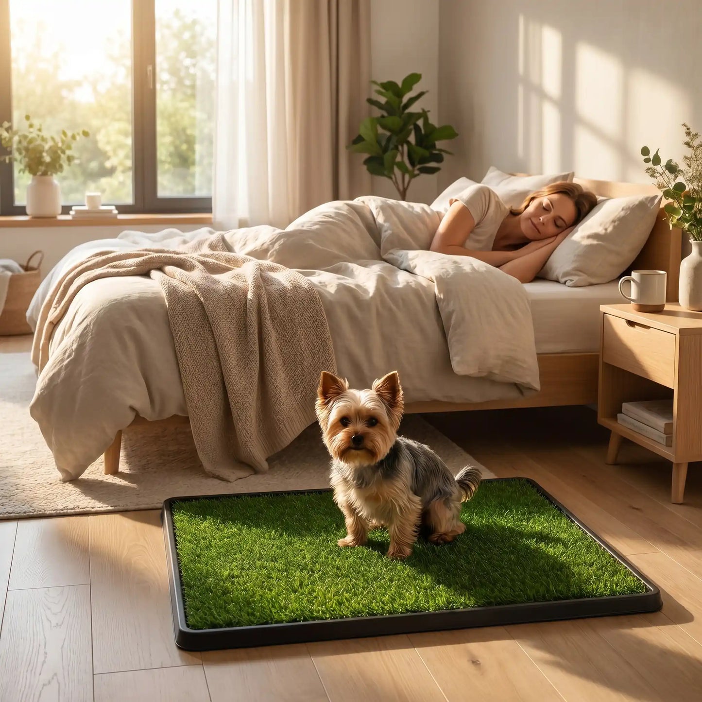 Toilette-chien-chiot-gazon-antidérapant, 3 couches : un plateau de recueil, une grille drainante, surface de pelouse artificielle douce et résistante, le tout lavable à l'eau, réutilisable, économique, matériaux écoresponsable et non toxique pour chiot et chien de petite race de 0 à 8 kilos max, utilisation intérieure et extérieure- un chien de petite race qui fait ses besoins sur les toilettes en gazon pour chien posé au pied du lit de sa maitresse qui dort dans son lit au lever du jour dans la chambre 