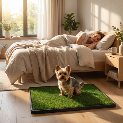 Toilette-chien-chiot-gazon-antidérapant, 3 couches : un plateau de recueil, une grille drainante, surface de pelouse artificielle douce et résistante, le tout lavable à l'eau, réutilisable, économique, matériaux écoresponsable et non toxique pour chiot et chien de petite race de 0 à 8 kilos max, utilisation intérieure et extérieure- un chien de petite race qui fait ses besoins sur les toilettes en gazon pour chien posé au pied du lit de sa maitresse qui dort dans son lit au lever du jour dans la chambre 