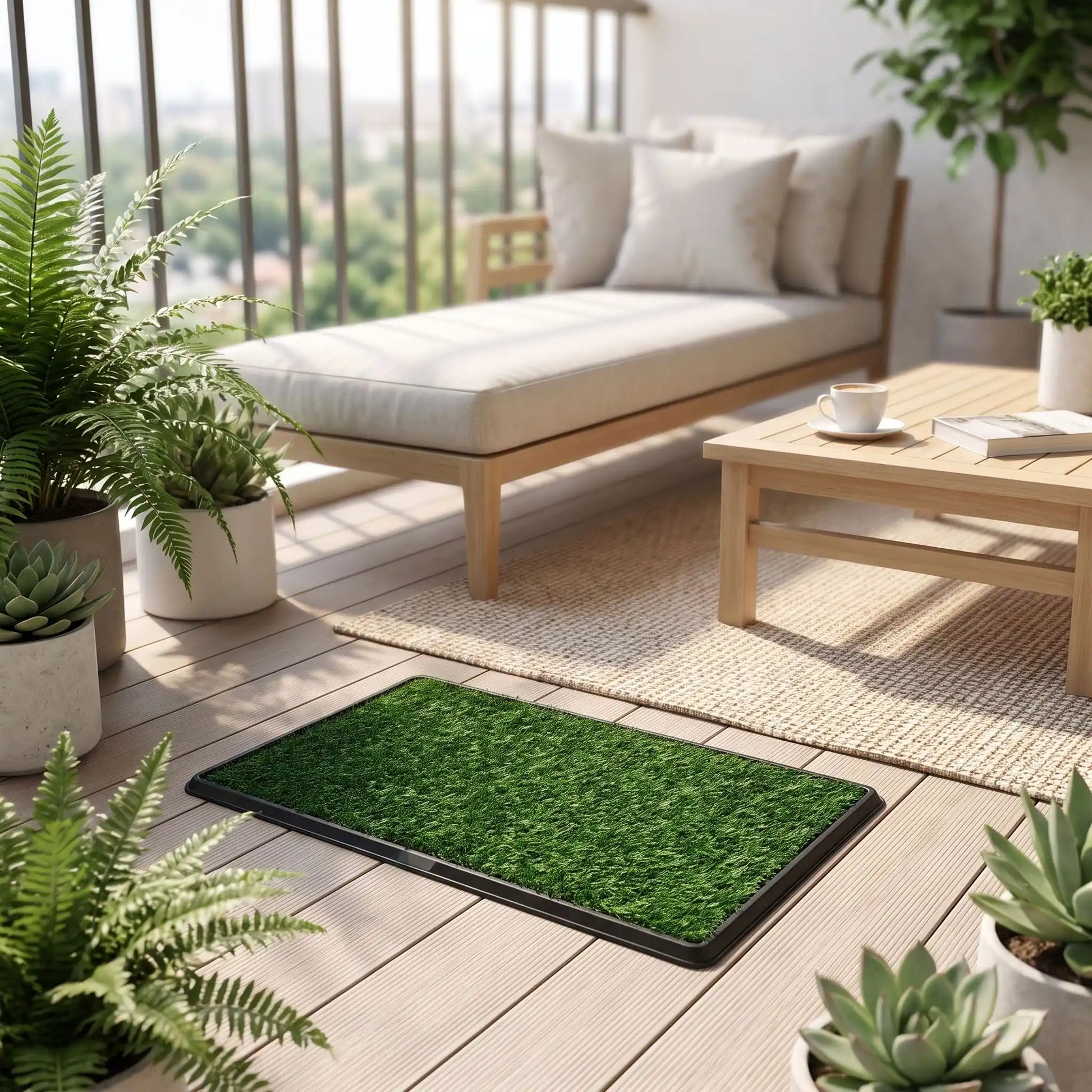 Toilette-chien-chiot-gazon-antidérapant, 3 couches : un plateau de recueil, une grille drainante, surface de pelouse artificielle douce et résistante, le tout lavable à l'eau, réutilisable, économique, matériaux écoresponsable et non toxique pour chiot et chien de petite race de 0 à 8 kilos max, utilisation intérieure et extérieure- gros plan sur les toilettes en gazon pour chien en plastique incassable et pelouse artificielle anti uv sur le sol du balcon de l'appartement