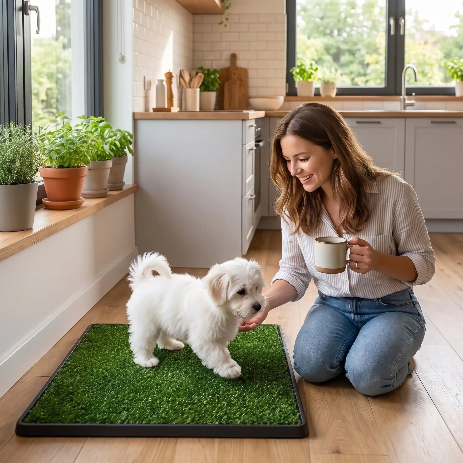 Toilette-chien-chiot-gazon-antidérapant, 3 couches : un plateau de recueil, une grille drainante, surface de pelouse artificielle douce et résistante, le tout lavable à l'eau, réutilisable, économique, matériaux écoresponsable et non toxique pour chiot et chien de petite race de 0 à 8 kilos max, utilisation intérieure et extérieure- un chiot de petite race qui fait ses besoins sur les toilettes en gazon pour chien sous les encouragement de sa maitresse accroupit à côté de lui avec sa tasse de café 