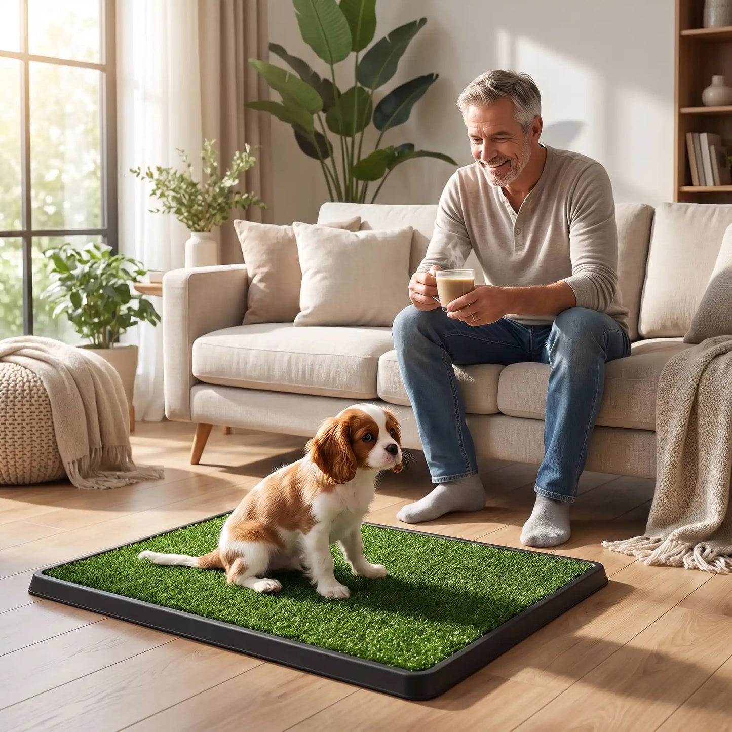 Toilette-chien-chiot-gazon-antidérapant, 3 couches : un plateau de recueil, une grille drainante, surface de pelouse artificielle douce et résistante, le tout lavable à l'eau, réutilisable, économique, matériaux écoresponsable et non toxique pour chiot et chien de petite race de 0 à 8 kilos max, utilisation intérieure et extérieure- un chiot de moyenne race qui fait ses besoins sur les toilettes en gazon pour chien posé au pied de son maitre assis sur le canapé qui l'encourage dans le salon de l'appartement