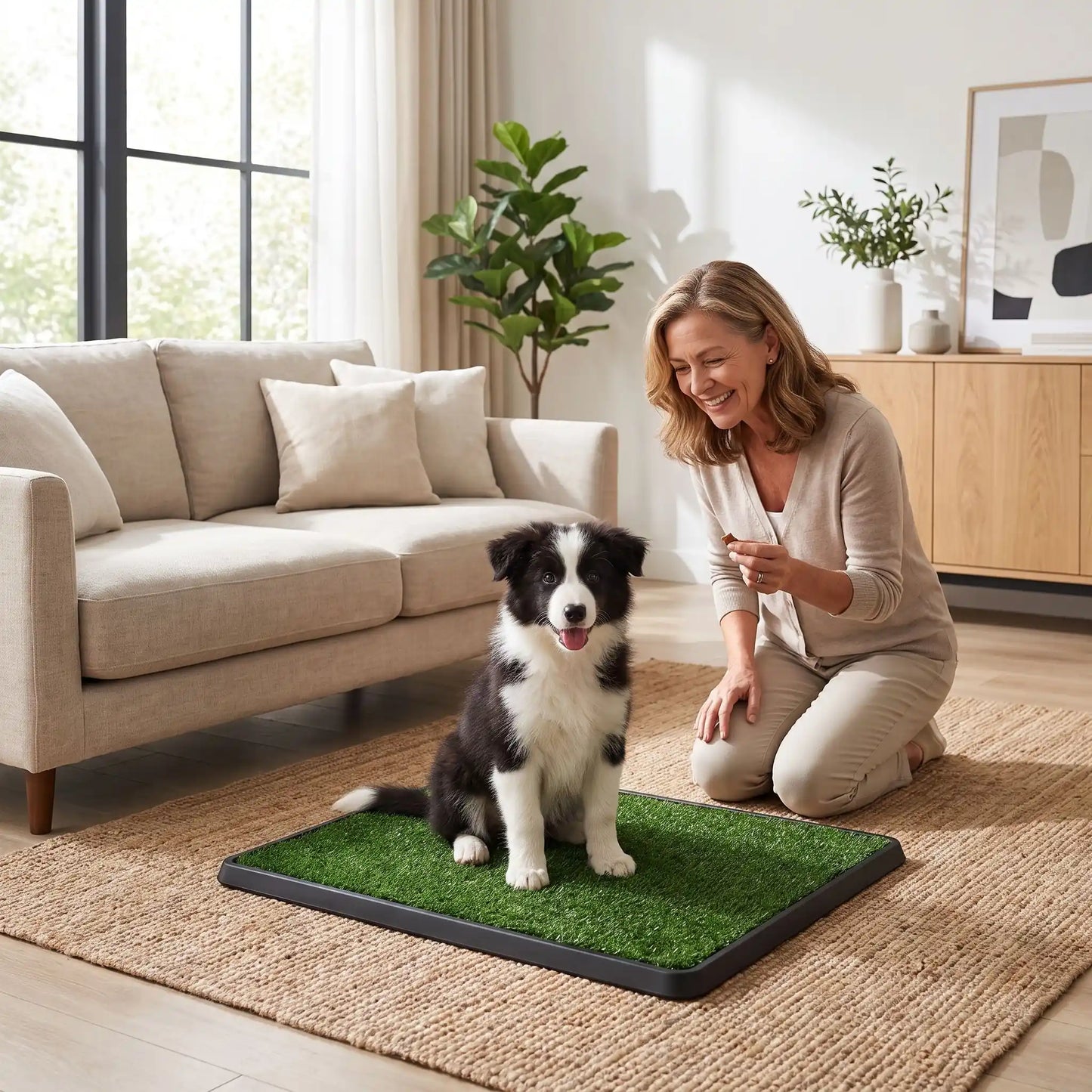 Toilette-chien-chiot-gazon-antidérapant, 3 couches : un plateau de recueil, une grille drainante, surface de pelouse artificielle douce et résistante, le tout lavable à l'eau, réutilisable, économique, matériaux écoresponsable et non toxique pour chiot et chien de petite race de 0 à 8 kilos max, utilisation intérieure et extérieure- un chiot de moyenne race qui fait ses besoins sur les toilettes en gazon pour chien sous les encouragemen de sa maitresse accroupit au sol dans le salon de l'appartement