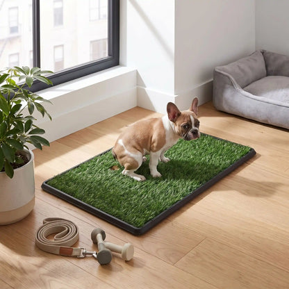 Toilette-chien-chiot-gazon-antidérapant, 3 couches : un plateau de recueil, une grille drainante, surface de pelouse artificielle douce et résistante, le tout lavable à l'eau, réutilisable, économique, matériaux écoresponsable et non toxique pour chiot et chien de petite race de 0 à 8 kilos max, utilisation intérieure et extérieure- un chiot de moyenne race qui fait ses besoins sur les toilettes en gazon pour chien de manière autonome dans le salon de l'appartement