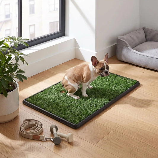 Toilette-chien-chiot-gazon-antidérapant, 3 couches : un plateau de recueil, une grille drainante, surface de pelouse artificielle douce et résistante, le tout lavable à l'eau, réutilisable, économique, matériaux écoresponsable et non toxique pour chiot et chien de petite race de 0 à 8 kilos max, utilisation intérieure et extérieure- un chiot de moyenne race qui fait ses besoins sur les toilettes en gazon pour chien de manière autonome dans le salon de l'appartement