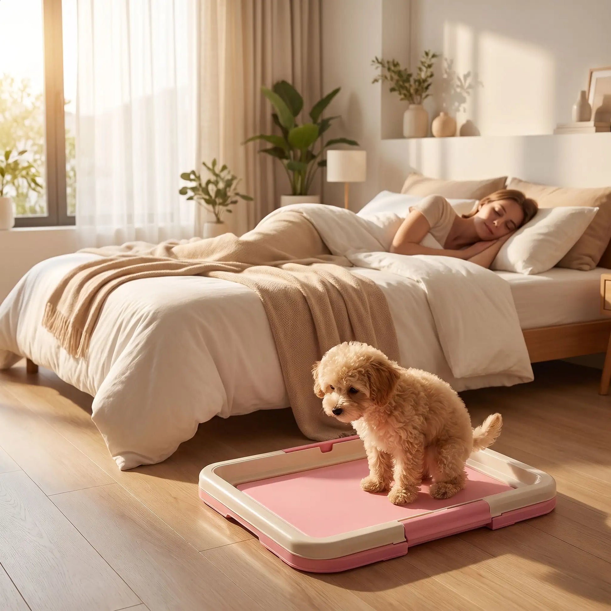 Toilette-pour-chien-chiot-éducateur-apprentissage-propreté, toilette nomade compact rectangulaire en plastique solide et inodore avec réservoir et couvercle clipsable pour bloque les alèses avec pieds antidérapant, espace délimité pour le chien ou le chiot pour race de petite taille-un chiot qui fait ses besoins sur le support toilette de couleur rose au pied du lit de sa maitresse qui dort dans son lit au lever du jour dans la chambre de l'appartement