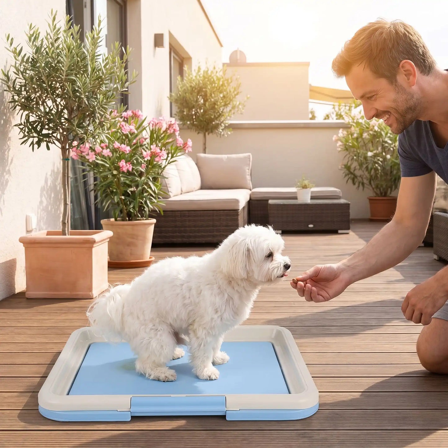 Toilette-pour-chien-chiot-éducateur-apprentissage-propreté, toilette nomade compact rectangulaire en plastique solide et inodore avec réservoir et couvercle clipsable pour bloque les alèses avec pieds antidérapant, espace délimité pour le chien ou le chiot pour race de petite taille-un petit chien qui fait ses besoins sur le support toilette de couleur bleu sous les encouragements de son maitre sur la terrasse de l'appartement en été