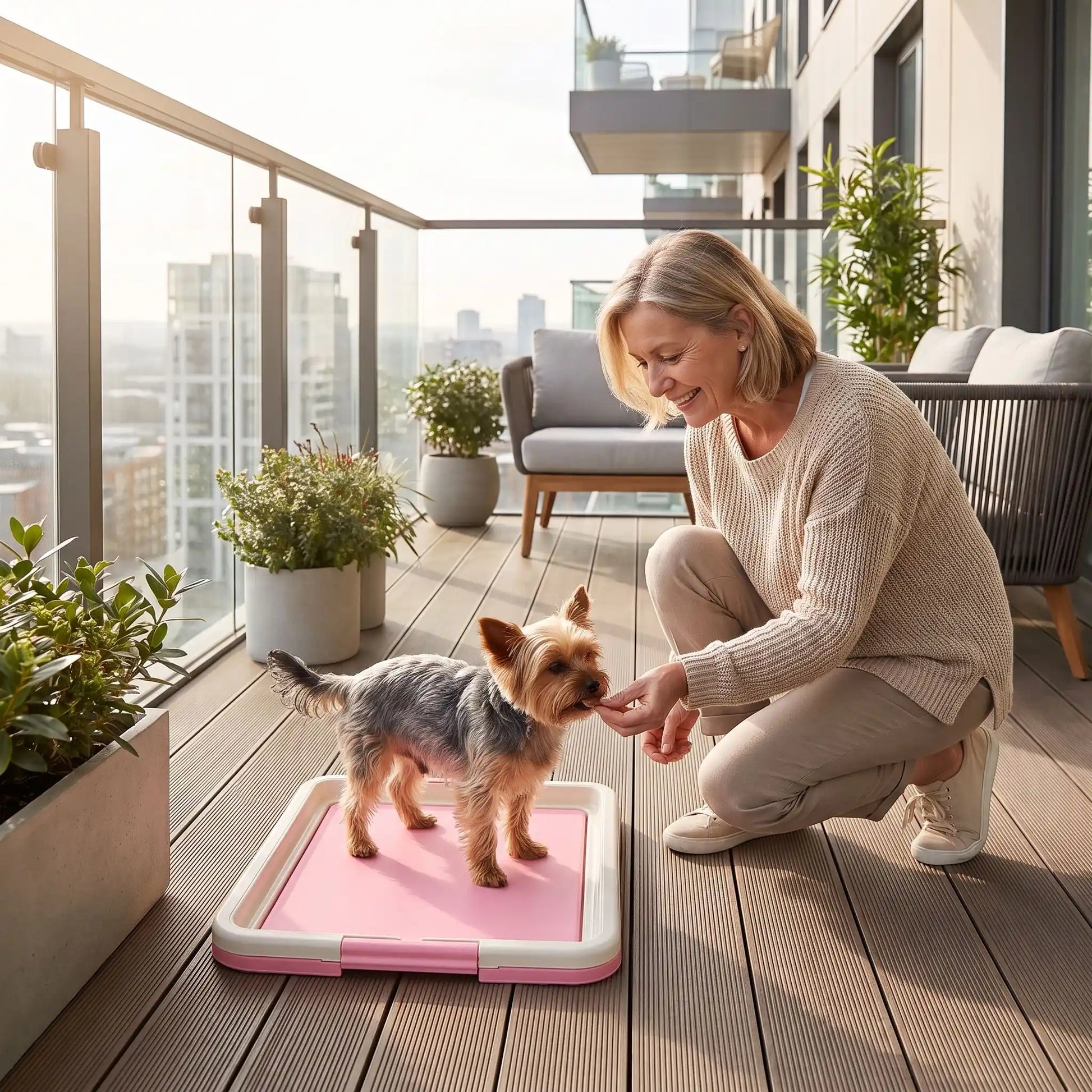 Toilette-pour-chien-chiot-éducateur-apprentissage-propreté, toilette nomade compact rectangulaire en plastique solide et inodore avec réservoir et couvercle clipsable pour bloque les alèses avec pieds antidérapant, espace délimité pour le chien ou le chiot pour race de petite taille-un petit chien qui fait ses besoins sur le support toilette de couleur rose sous les encuuragements de sa maitresse sur le bacon de l'appartement