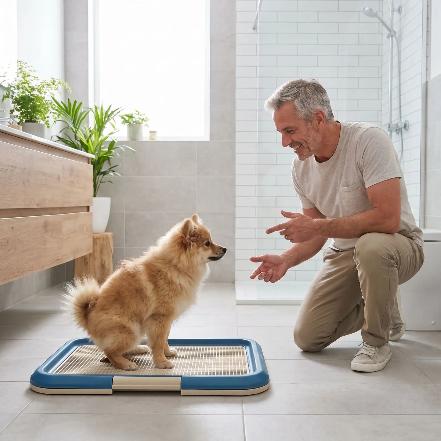 Toilette-pour-chien-chiot-éducateur-apprentissage-propreté, toilette nomade compact rectangulaire en plastique solide et inodore avec réservoir et couvercle clipsable pour bloque les alèses avec pieds antidérapant, espace délimité pour le chien ou le chiot pour race de petite taille-un chien de petite taille qui fait ses besoins sur le support toilette de couleur bleu sous les encouragements de son maitre dans la salle de bain de l'appartement