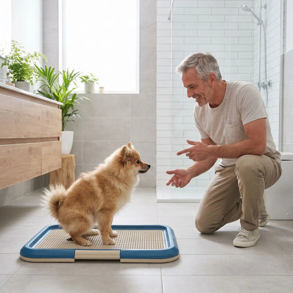 Toilette-pour-chien-chiot-éducateur-apprentissage-propreté, toilette nomade compact rectangulaire en plastique solide et inodore avec réservoir et couvercle clipsable pour bloque les alèses avec pieds antidérapant, espace délimité pour le chien ou le chiot pour race de petite taille-un chien de petite taille qui fait ses besoins sur le support toilette de couleur bleu sous les encouragements de son maitre dans la salle de bain de l'appartement