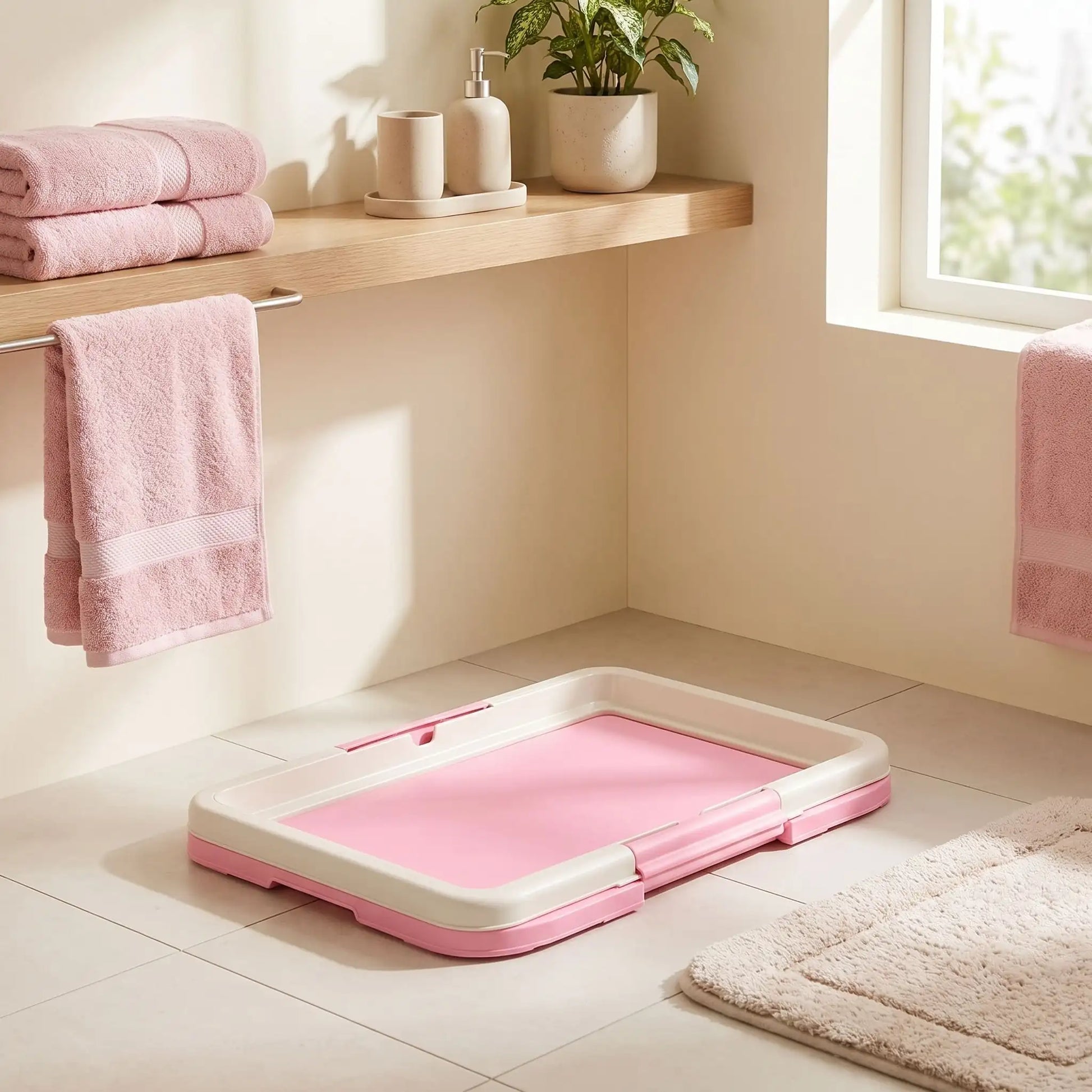 Toilette-pour-chien-chiot-éducateur-apprentissage-propreté, toilette nomade compact rectangulaire en plastique solide et inodore avec réservoir et couvercle clipsable pour bloque les alèses avec pieds antidérapant, espace délimité pour le chien ou le chiot pour race de petite taille-gros plan sur le support toilette hygiénique de couleur rose dans la salle de bains de l'appartement